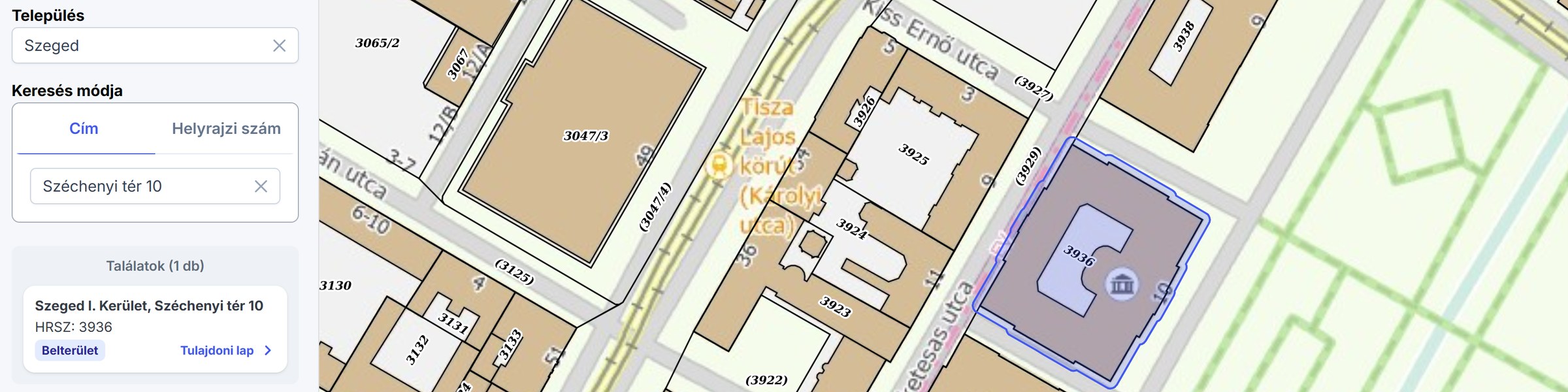 Az OÉNY Helyrajziszám-kereső találata: Szeged, Széchenyi tér 10., helyrajzi szám 3936