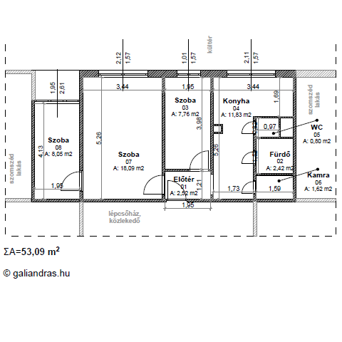 53,09 négyzetméteres panel lakás alaprajza