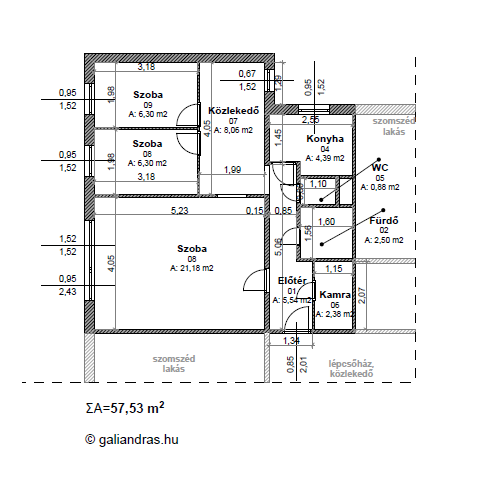 57,53 négyzetméteres panel lakás alaprajza